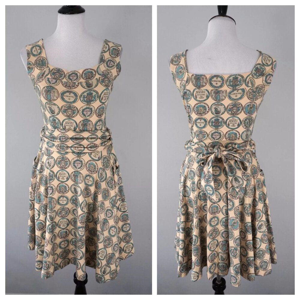 Effie's Heart Beige Turquoise Belted A-Line French Franc Print Belted Dress S